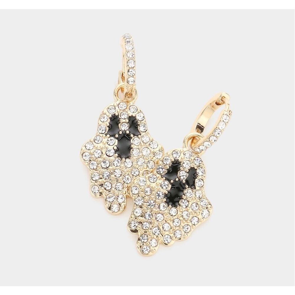 New Womens Rhinestone Embellished Enamel Metal Ghost Dangle Huggie Hoop Earrings